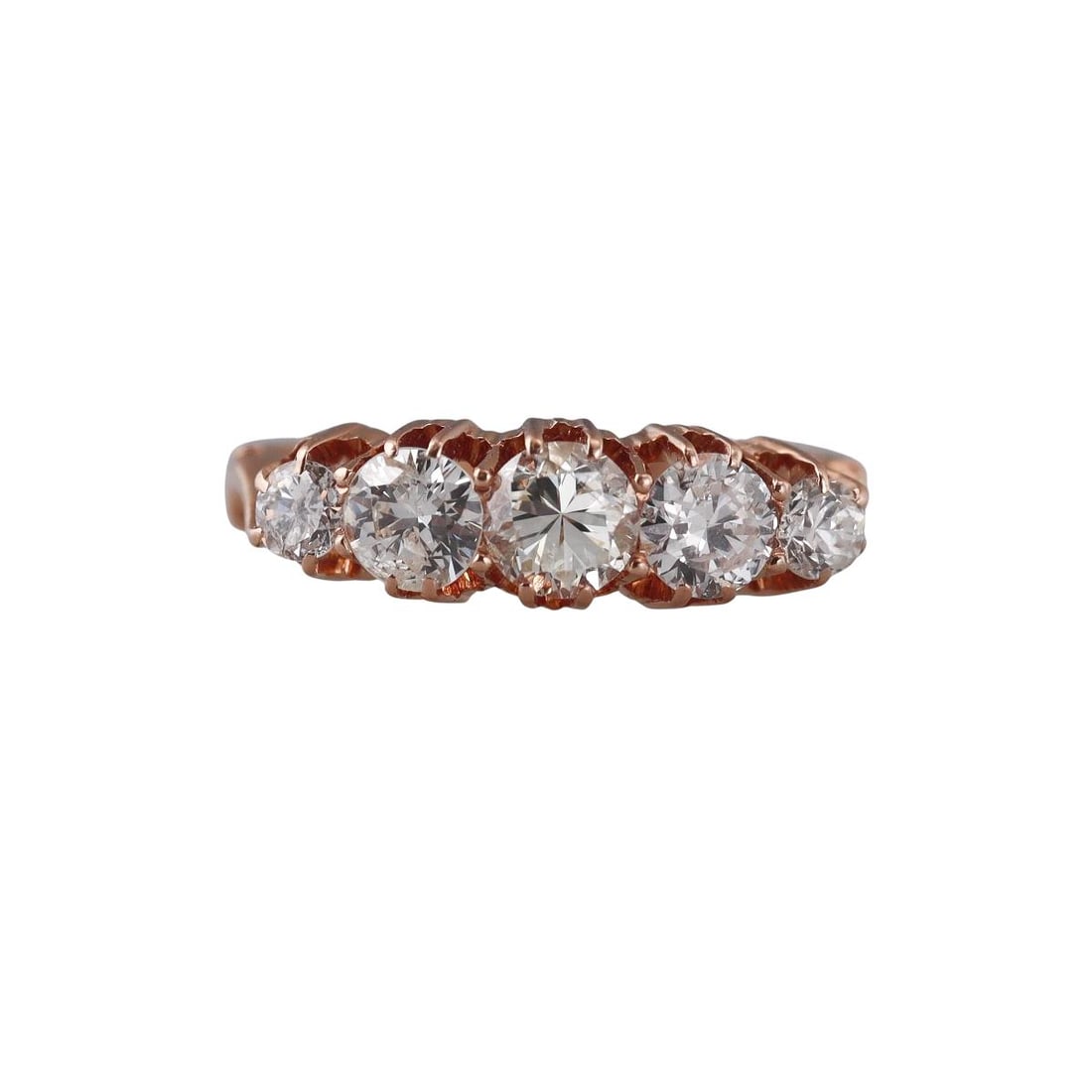 14k Rose Gold Diamond Five Stone Ring: Metal : 14k Rose Gold Designer : Not Signed Gemstone : Diamonds approx. 1.45ctw Measurements : Ring size 8.25, top width 6.2mm. Marked: : Tested 14k. Weight: : 3.4 gram