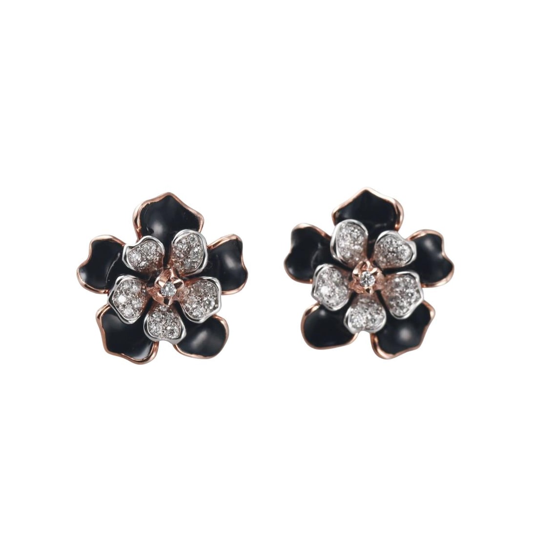 Alexis NY 18k Rose Gold Silver Enamel Diamond Flower Earrings: Metal : 18k Rose Gold / Sterling Silver Designer : Alexis NY Gemstone : Diamonds 0.80ctw. Measurements : Earrings 22mm x 22mm. Marked: : 0.80ct, Alexis NY, 750, 925. Wei
