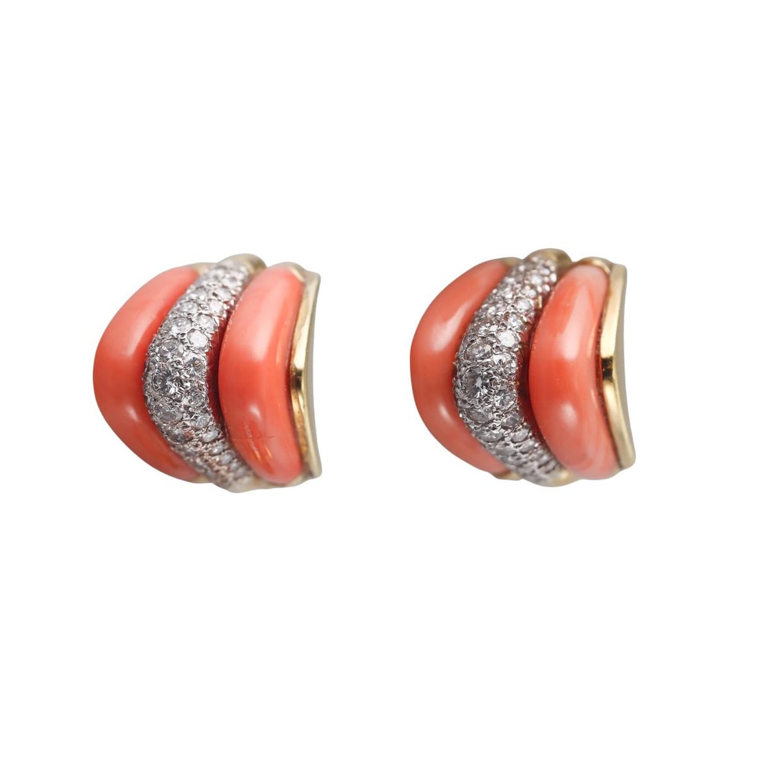 1970s 18k Gold Coral Diamond Earrings: Metal : 18k Yellow Gold Designer : Not Signed Gemstone : Coral, Diamonds approx. 2.00ctw. Measurements : Earrings are 20mm x 18mm. Marked: : Tested 18k, backs marked 14k.