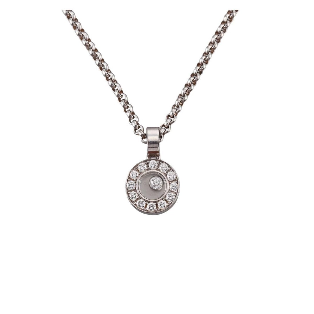 Chopard Happy Diamonds 18k Gold Diamond Pendant Necklace: Metal : 18K White Gold Designer : Chopard Gemstone : Diamonds approx. 0.25ctw Measurements : Necklace is 16.5" long. Pendant - 15mm x 10mm Marked: : Chopard 750, 79/3087-20, 2638011 Weight: : 12.2