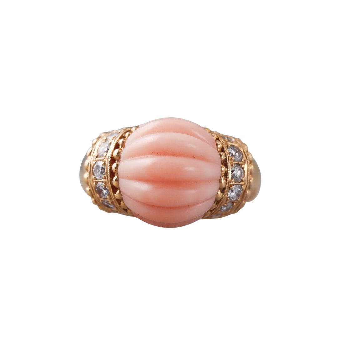 1960s 18k Gold Carved Coral Diamond Ring: Metal : 18k Yellow Gold Designer : Not Signed Gemstone : Carved coral, Diamonds 0.52ctw. Measurements : Ring size 8.25, top is 13.5mm. Marked: : 052, K18. Weight: :