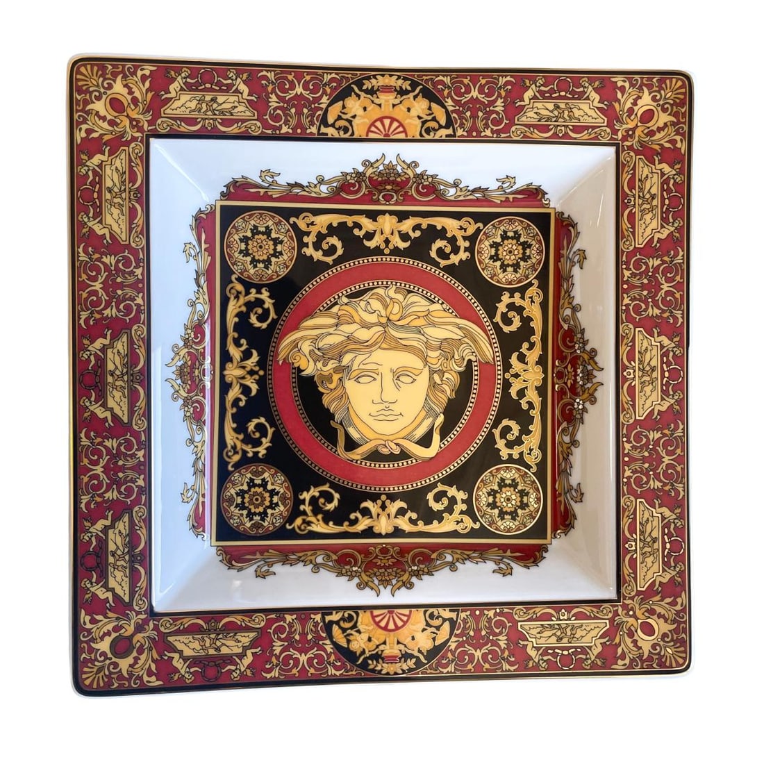 Versace by Rosenthal Medusa Red Canape Dish Tray 25822: Material : Porcelain Designer : Versace Measurements : 22cm x 22cm Marked: : Versace Condition: : New/with box Additional: Store Sample
