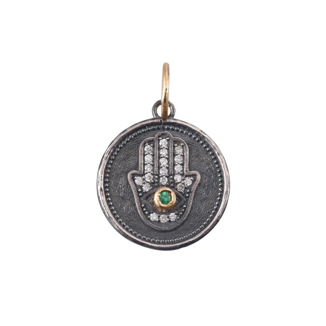 Ancient Inspired 24k Gold Silver Diamond Emerald Hamsa Hand of God Pendant: Metal : 24k Gold / Sterling Silver Designer : Not Signed Gemstone : Diamonds 0.10ctw, Emerald 0.03ct. Measurements : Pendant is 16mm. Marked: : Tested 24k / silver. Weight: : 1.9 grams Condition: :
