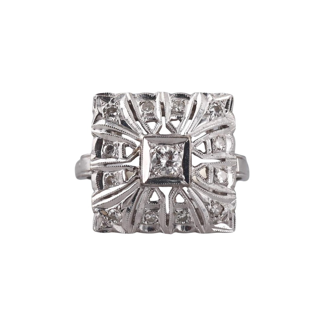 Mid Century 14K Gold Diamond Square Ring: Metal : 14K White Gold Designer : Not signed Gemstone : Diamonds- approx. 0.25-0.27ctw Measurements : Ring size is 4.25. Top of the ring is 16mm x 15.5mm Marked: : Marked 14K