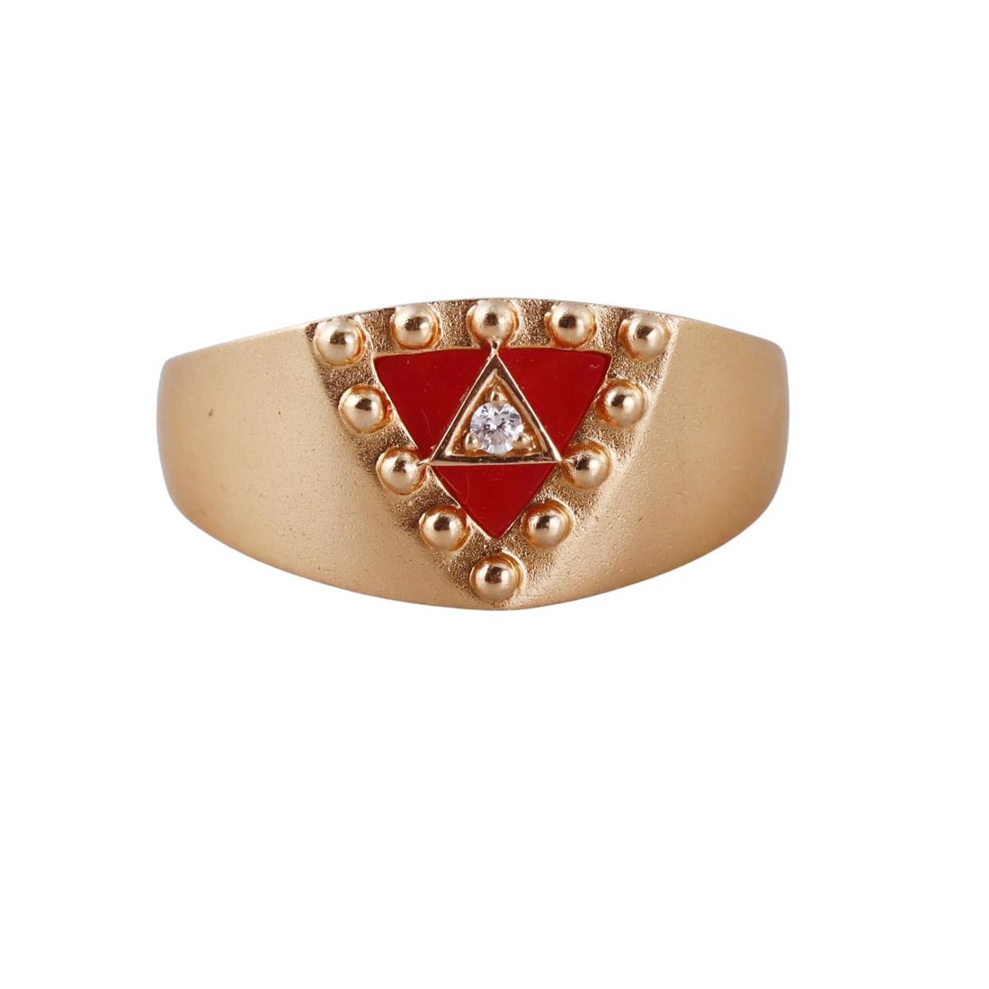 Orly Marcel 18K Gold Carnelian Diamond Ring: Metal : 18K Yellow Gold Designer : Orly Marcel Gemstone : Carnelian, Diamond Measurements : Ring size 5. Ring is 9.5mm wide Marked: : OM, 18k Weight: : 5.2 grams Condition: : Excellent Additional: