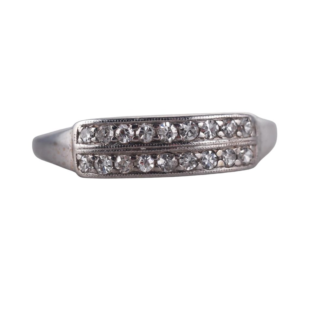 14k White Gold Diamond Ring: Metal : 14k White Gold Designer : Not Signed Gemstone : Diamonds approx. 0.18ctw. Measurements : Ring Size 9 1/2, width 5.5mm. Marked: : 14k, K.B. Weight: : 3.6 grams