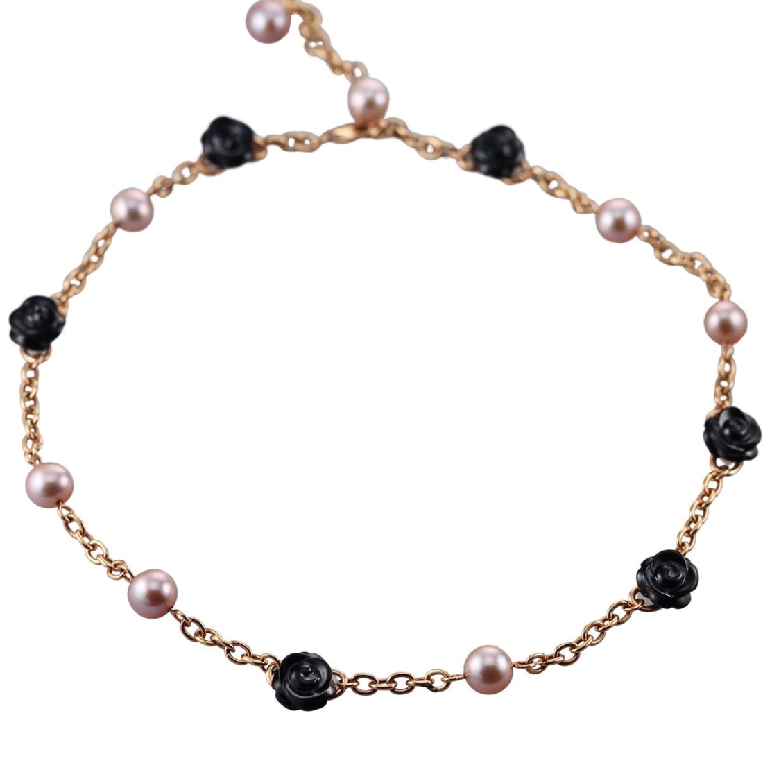 Mimi Milano Grace 18K Gold Black Agate Pearl Rose Flower Necklace: Metal : 18K Rose gold Designer : Mimi Milano Gemstone : Carved Black Agate, Pearls-8-8.4mm Measurements : Necklace 17" long Marked: : 750, Mimi Maker's Mark Weight: : 20