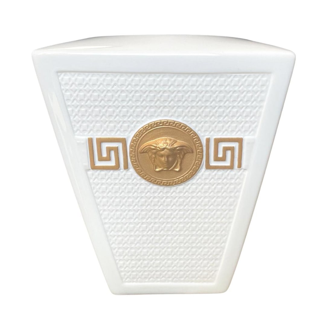 Versace by Rosenthal Signature White Gold Vase 26015: Material : Porcelain Designer : Versace Measurements : 15cm ( 5.75" x 5.25" x 5.25") Marked: : Versace Condition: : New/With box Additional: Store Sample