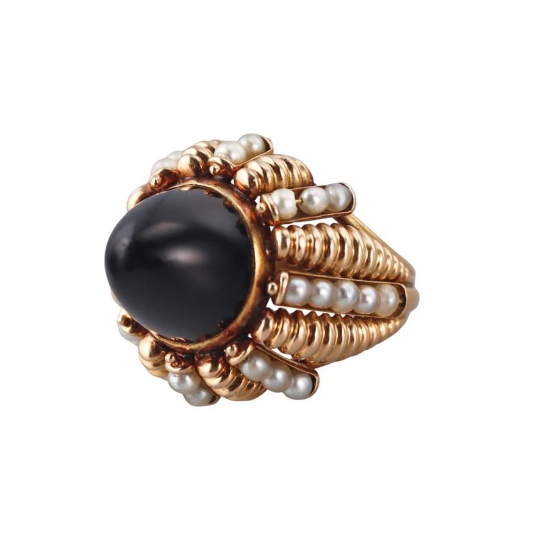 Retro Mid Century 18k Gold Onyx Pearl Dome Cocktail Ring: Metal : 18k Yellow Gold Designer : Not Signed Gemstone : Onyx, Pearls. Measurements : Ring size 7, top is 25mm in diameter. Marked: : Tested 18k. Weight: : 16 grams