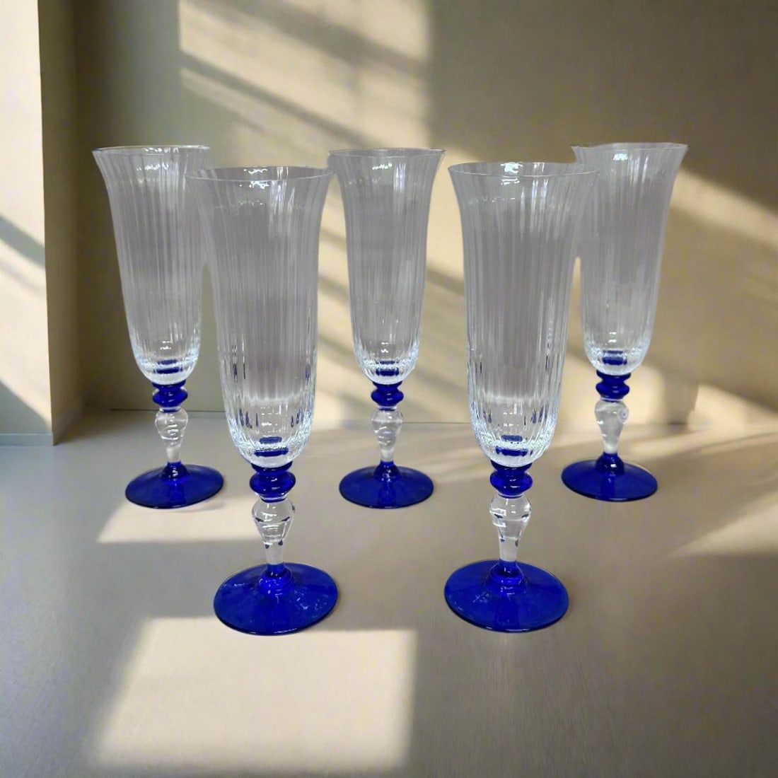 Set of 5 Nason & Moretti Murano Clear & Blue Champagne Flutes Glass (1 of 6)