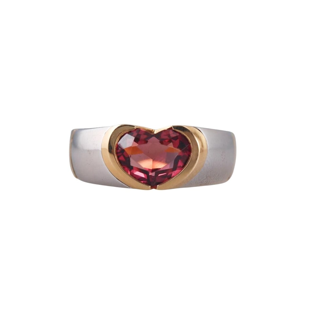Marina B 18k Gold Pink Tourmaline Heart Ring: Metal : 18k White Yellow Gold Designer : Marina B Gemstone : Pink tourmaline Measurements : Ring size 7, width 8mm. Marked: : Marina B, C4433, 750, Italian mark. Weight: