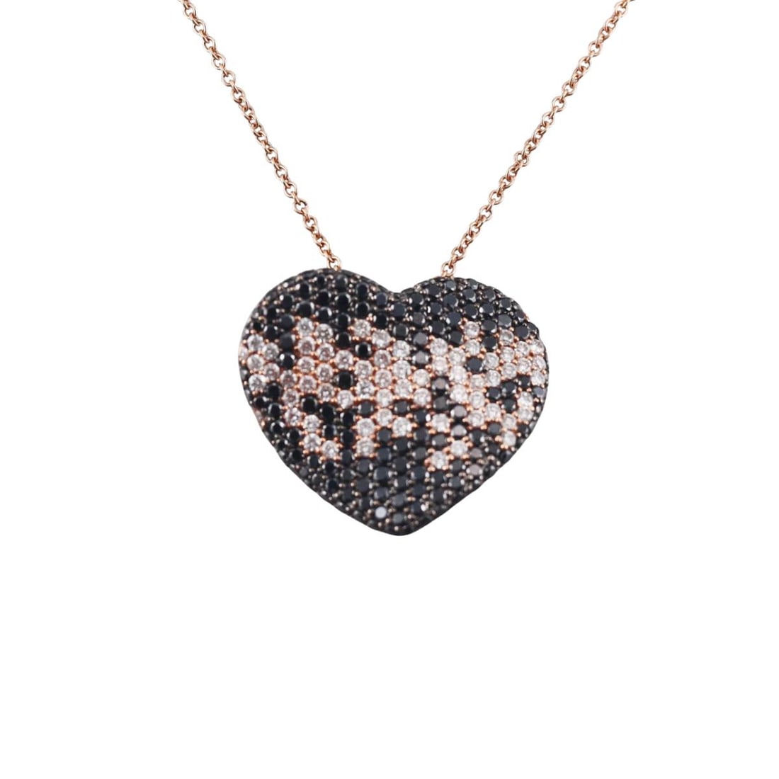 Italian 18k Gold Black & White Diamond Heart Pendant Necklace: Metal : 18k Rose Gold Designer : Not Signed Gemstone : Black and white diamonds - approx. 2.20ctw. Measurements : Necklace is 18" long, pendant is 26mm x 24mm. Marked: : Italian marks