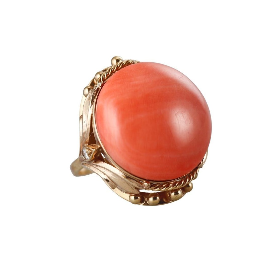 1960s 18k Gold Coral Diamond Ring: Metal : 18k Yellow Gold Designer : Not Signed Gemstone : Coral 24mm, Diamonds. Measurements : Ring size 7.75, top is 28mm x 25mm. Marked: : 18k. Weight: : 21.4 grams