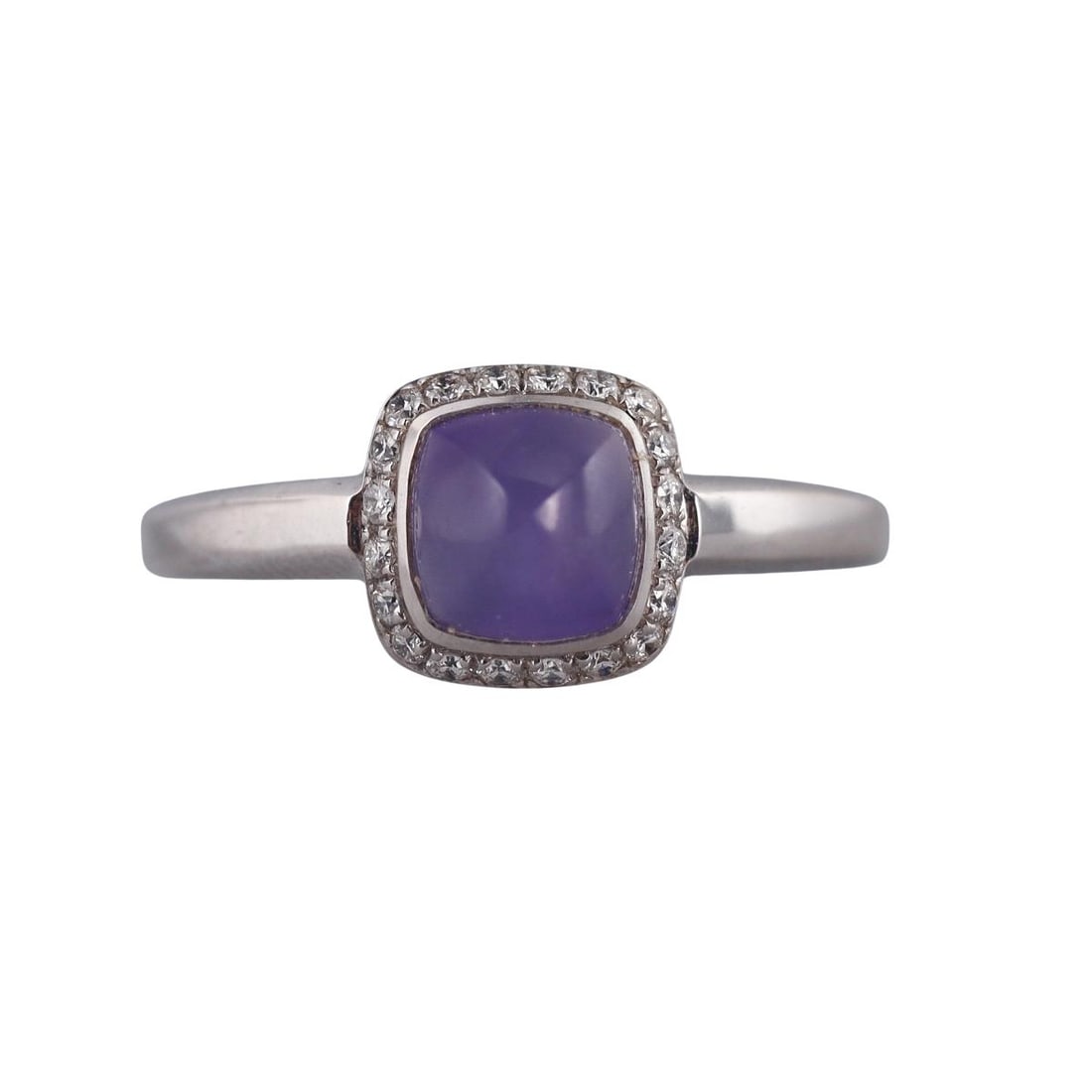Fred Pain de Sucre 18K Gold Diamond Chalcedony Ring: Metal : 18K White Gold Designer : Fred Gemstone : Chalcedony, Diamonds-approx. 0.12ctw (F-G/VS) Measurements : Ring Size 6.25, Top is 8.5mm x 8.5mm Marked: : Fred, Au750, Serial Num