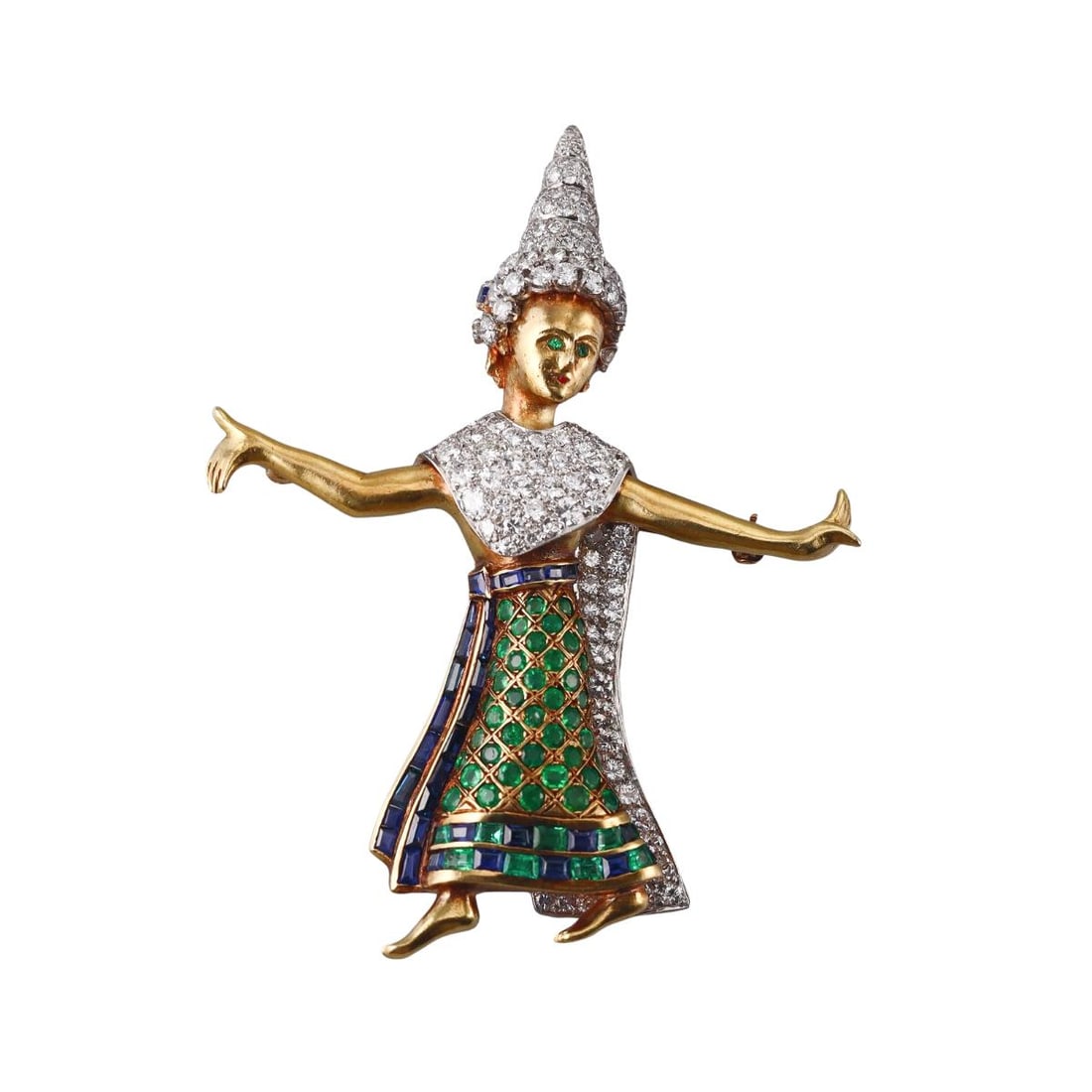 18k Gold Platinum Diamond Sapphire Emerald Dancer Lady Brooch Pin: Metal : 18k Gold / Platinum Designer : Not Signed Gemstone : Diamonds approx. 3ctw, Emerald, Sapphire Measurements : Brooch is 74mm x 58mm. Marked: : Tested plat/18k. Weigh