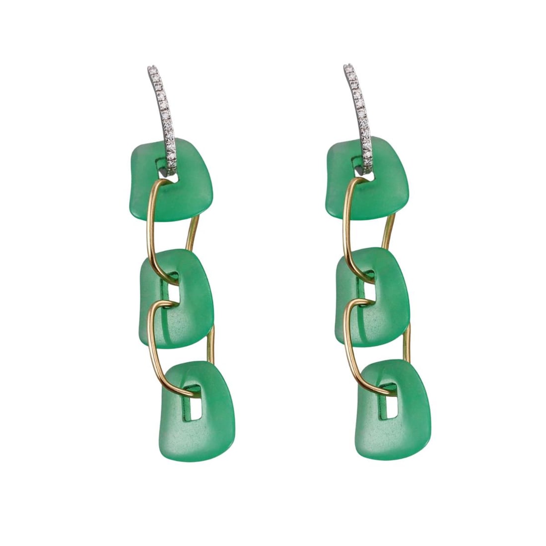 Mattioli Puzzle 18K Gold Diamond Chrysoprase Triple Drop Earrings: Metal : 18k Yellow White Gold Designer : Mattioli Gemstone : Diamonds-approx. 0.34ctw (G/VS), Chrysoprase Measurements : Earrings are 77mm long Marked: : Mattioli, 750, Italian mark