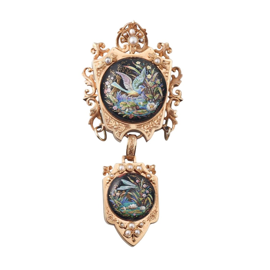 Antique Victorian 18k Gold Pearl Enamel Locket Pendant Brooch: Metal : 18k Yellow Gold Designer : Not Signed Gemstone : Seed pearls Measurements : Brooch is 82mm x 38mm. Marked: : Tested 18k. Weight: : 18.5 grams Conditi