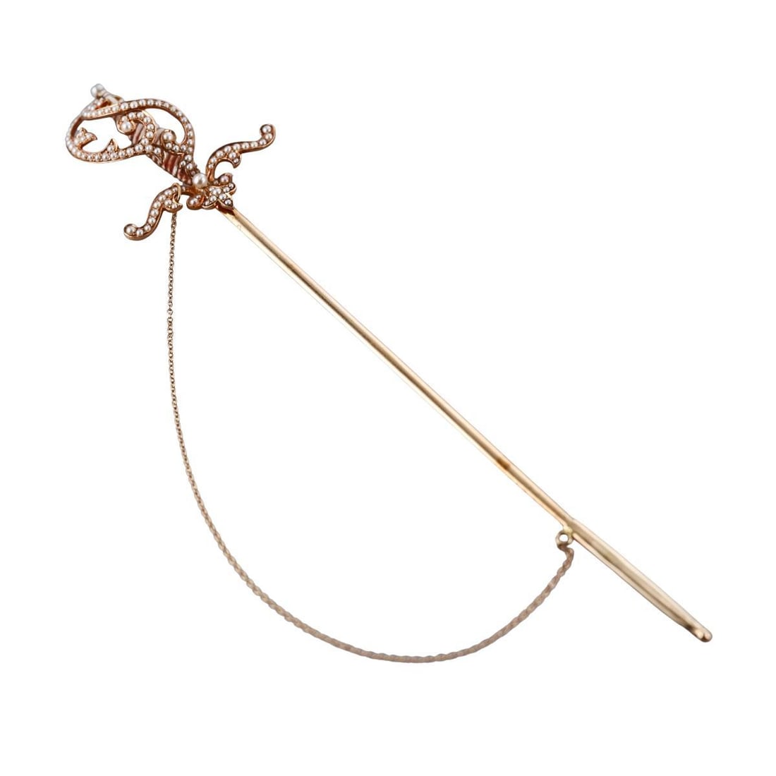 Antique Victorian 14K Gold Seed Pearl Enamel Jabot Sword Pin: Metal : 14K Yellow Gold Designer : Not Signed Gemstone : Seed Pearls Measurements : Pin is 6.5" long. Top is 40mm x 35mm Marked: : Tested 14k. Weight: : 10.4 grams