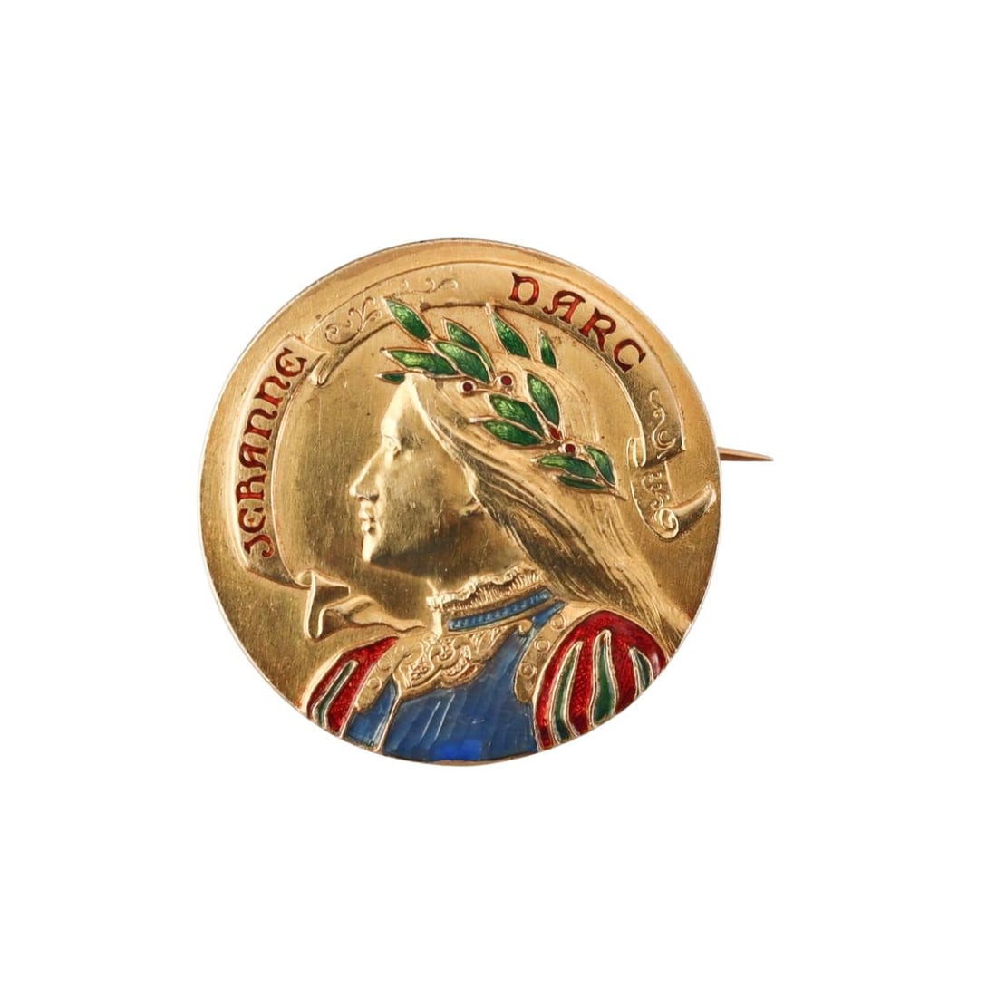 Art Nouveau French 18k Gold Jeanne D'Arc Joan of Arc Enamel Brooch Pin: Metal : 18k Yellow Gold Designer : Not Signed Gemstone : None Measurements : Brooch is 27mm in diameter. Marked: : French eagle mark. Weight: : 11.9 grams C
