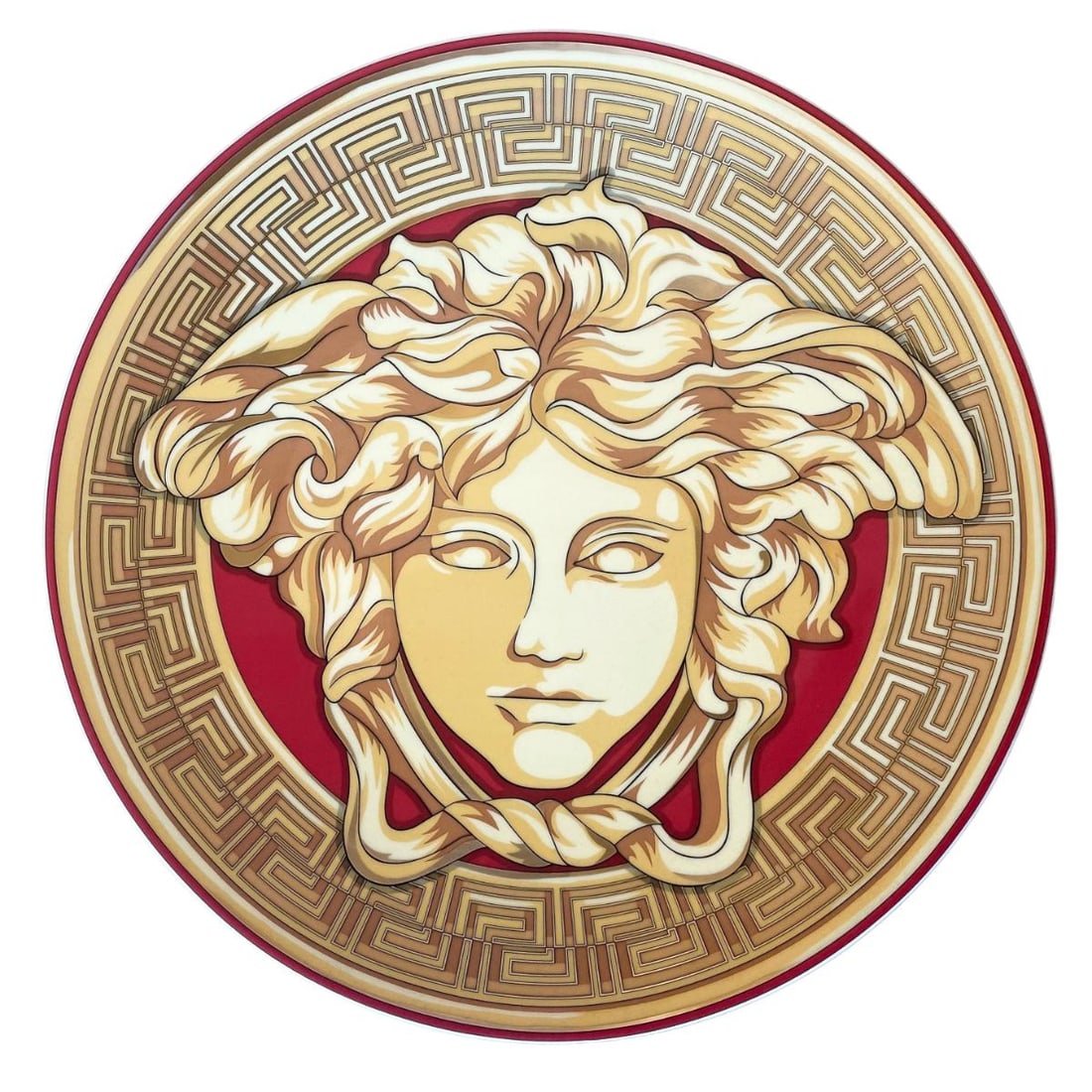 2pc Versace by Rosenthal Medusa Amplified Golden Coin Christmas Charger Plate Set 20021: Material : Porcelain Designer : Versace Measurements : 33cm in diameter Marked: : Versace Condition: : New/With box and papers Additional: n/a
