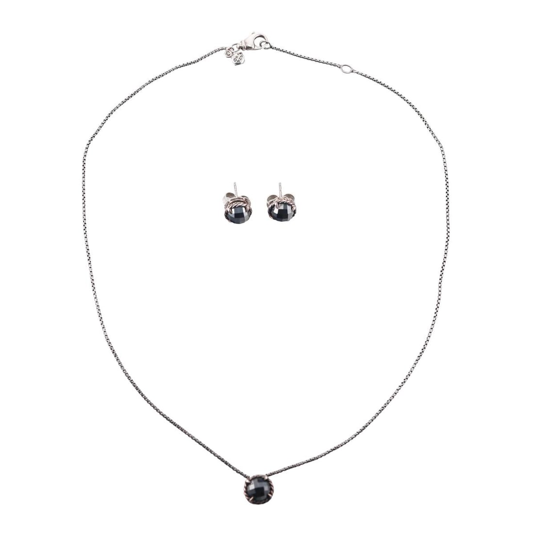 David Yurman Chatelaine Sterling Silver Hematite Earrings Necklace Set: Metal : Sterling Silver Designer : David Yurman Gemstone : Hematite Measurements : Earrings are 10mm in diameter. Necklace is 17" long. Pendant is 10mm in diameter Marked: : D.Y 925, St