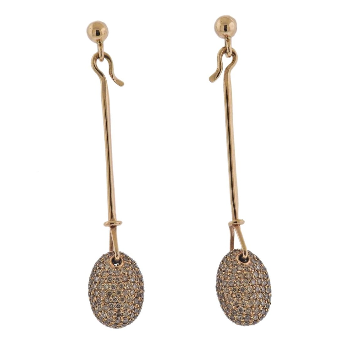 Georg Jensen Dew Drop 18k Gold Fancy Diamond Drop Earrings 1144: Metal : 18K Rose Gold Designer : Georg Jensen Gemstone : Diamonds-approx. 2.37ctw cinnamon fancy (VS) Measurements : Earrings are 60mm long Marked: : GJ mark, 750 Weight: