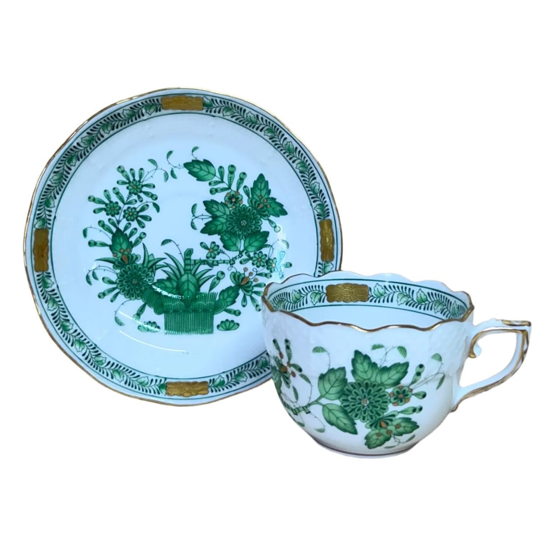 12pc set for 6 Herend Indian Basket Green Flat Demitasse Cup & Saucer (1 of 5)