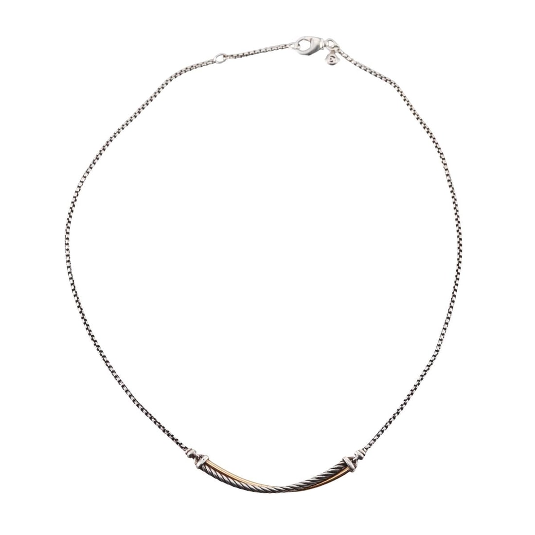 David Yurman Cable 18K Bonded Gold Sterling Bar Necklace: Metal : 18K Bonded gold, Sterling Silver Designer : David Yurman Gemstone : None Measurements : Necklace is 16.75" long. Marked: :D.Y., 925, 1/4750 P Weight: : 10.3 gra