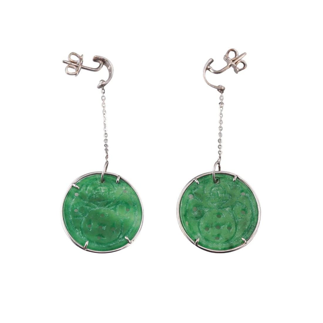 Italian 18k Gold Carved Jade Drop Earrings: Metal : 18k White Gold Designer : Not Signed Gemstone : Carved jade Measurements : Earrings are 63mm long, circles are 24mm. Marked: : 750, Italy. Weight: : 8.2 gram