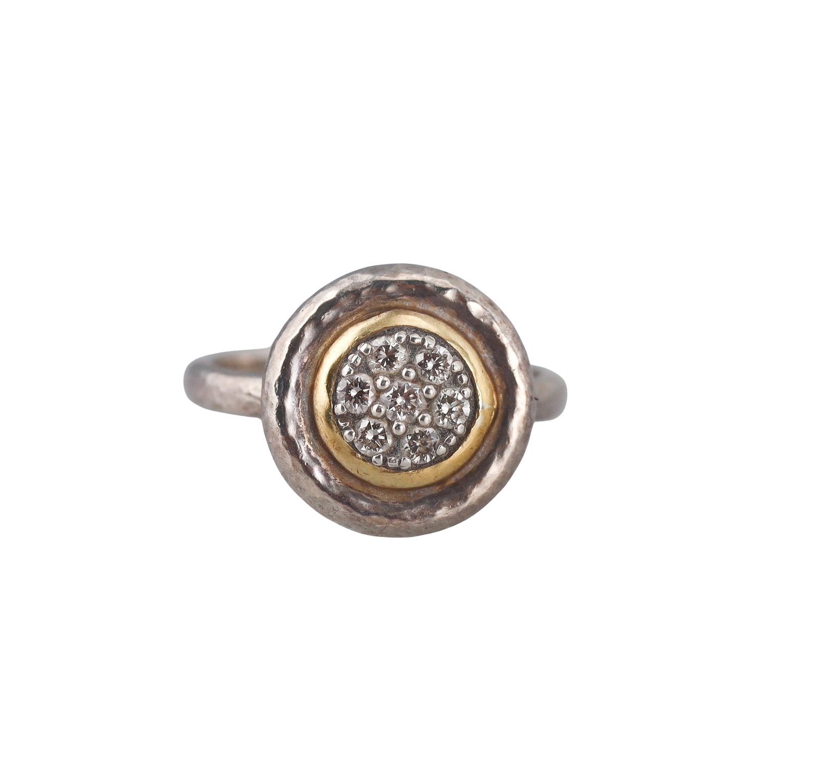 Gurhan Sterling Silver Diamond Ring: Metal : Sterling Silver / Gold Accents Designer : Gurhan Gemstone : Diamonds approx. 0.07ctw. Measurements : Ring size 6.5, top is 14mm. Marked: : Gurhan 925. Weight: :