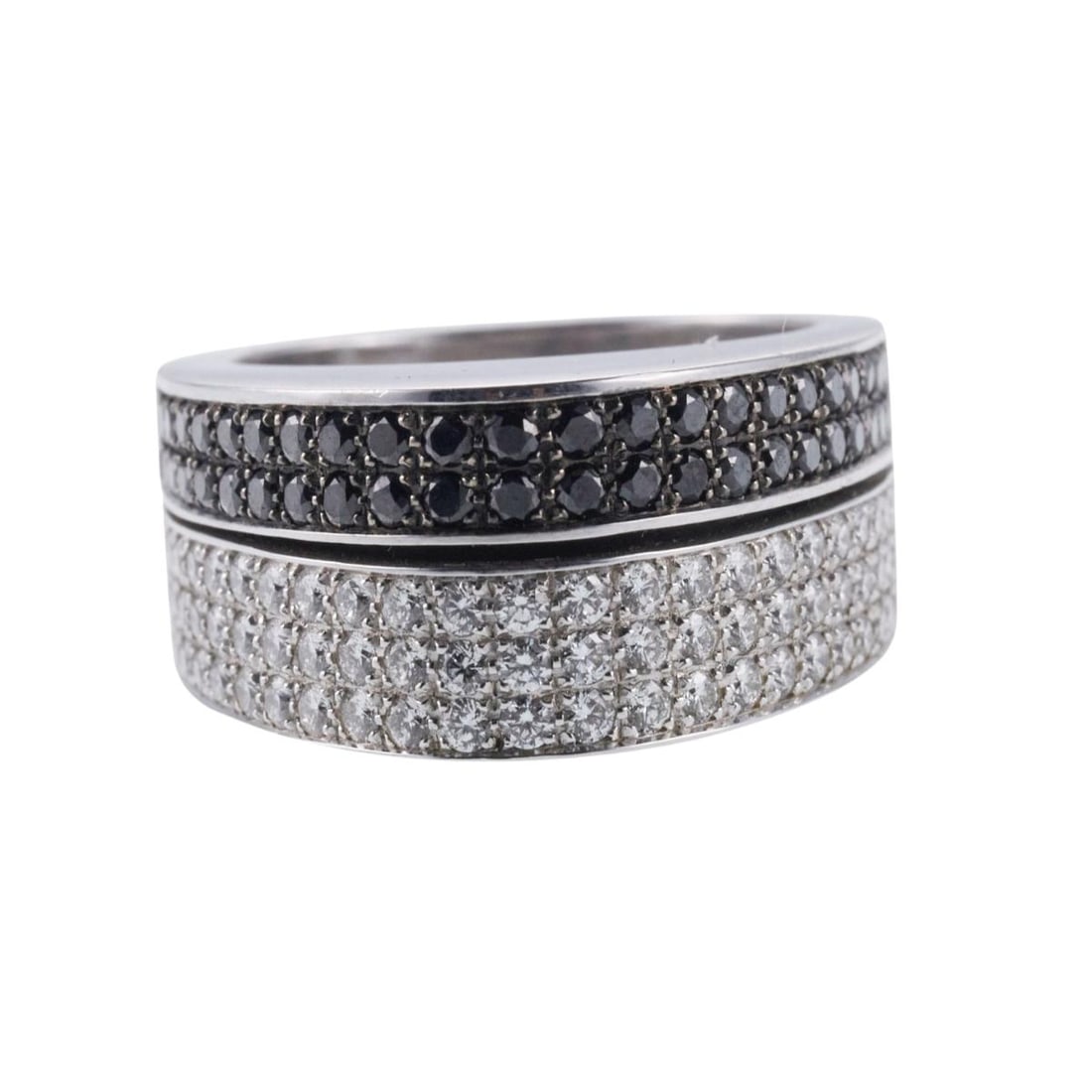 Chopard 18K Gold Black White Diamond Ring: Metal : 18K White gold Designer : Chopard Gemstone : Diamonds-approx. 0.82ctw (FG/VVS) and 0.77ctw of black diamonds Measurements :Ring is 10.5mm wide. Ring size 6 Marked: : Chopard,