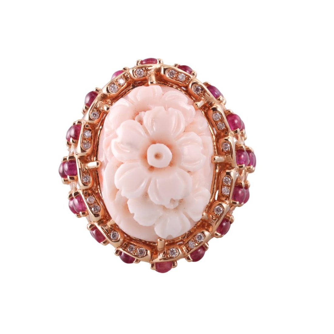 Zydo Diamond 18K Gold Carved Coral Ruby Cocktail Ring: Metal : 18K Gold Designer : Zydo Gemstone : Diamonds-approx. 0.16ctw (G/VS), Ruby- approx. 2.61ctw, Coral Measurements : Ring size 7, top is 25mm x 22mm Marked: : 750, Italian maker's m