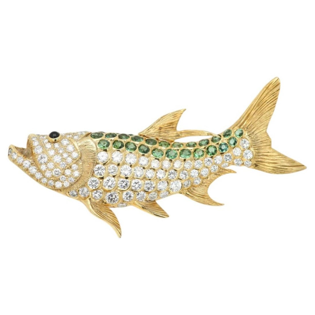 18k Gold 6ctw Diamond Green Tourmaline Fish Brooch: Metal : 18k Yellow Gold Designer : Not Signed Gemstone : Diamonds approx. 6.50ctw, Green tourmalines Measurements : Brooch is 92mm x 35mm. Marked: : Tested 18k. Weight: