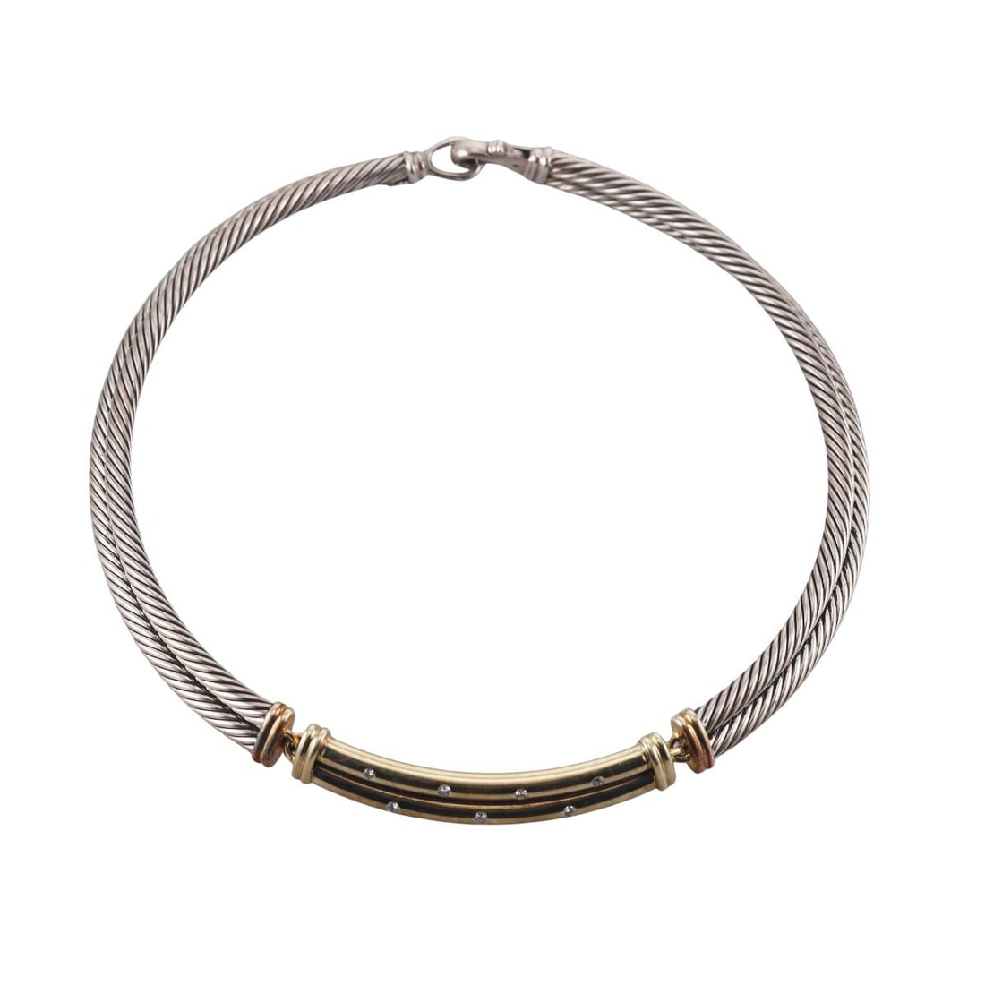 David Yurman Metro 14K Gold Sterling Diamond Double Cable Choker Necklace: Metal : Sterling Silver, 14K Yellow gold Designer : David Yurman Gemstone : Diamonds-approx. 0.21-0.23ctw Measurements : Necklace is 16.5" long and 9mm at widest point Marked: : D.Y, 92