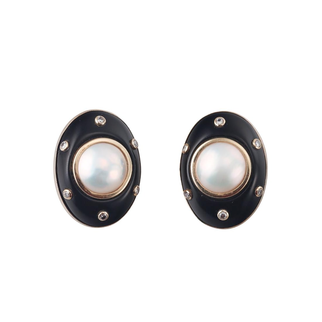 Vintage 14k Gold Diamond Onyx Mabe Pearl Earrings: Metal : 14k Yellow Gold Designer : Not Signed Gemstone : Mabe pearls 12.8mm, Onyx, Diamonds approx. 0.30ctw. Measurements : Earrings are 29mm x 22mm. Marked: : 14k. Weight