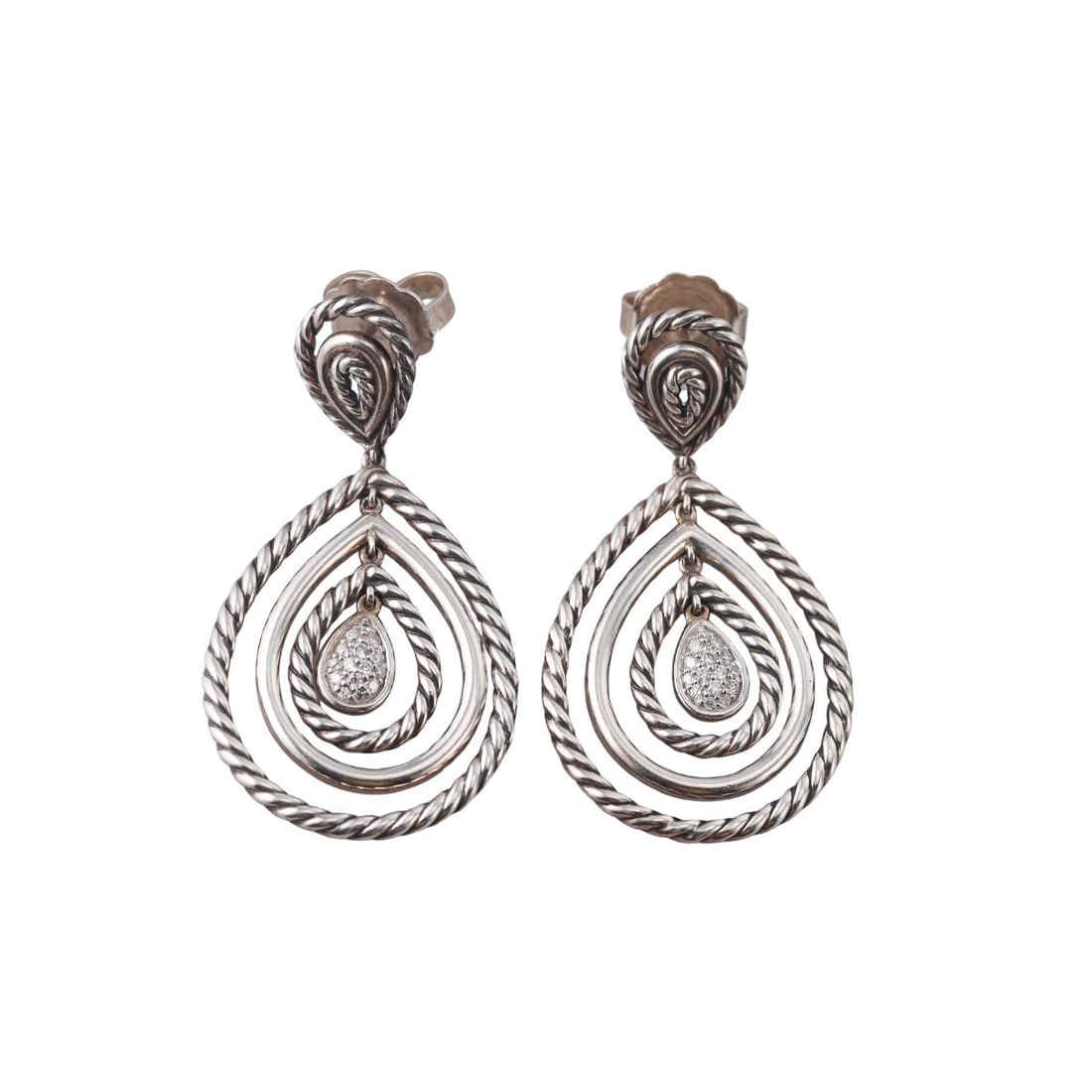 David Yurman Mobile Cable Sterling Silver Diamond Drop Earrings: Metal : Sterling Silver Designer : David Yurman Gemstone : Diamonds Measurements : Earrings are 45mm long and 24mm wide Marked: :D.Y, 925, Sterling Weight: : 14.8 grams