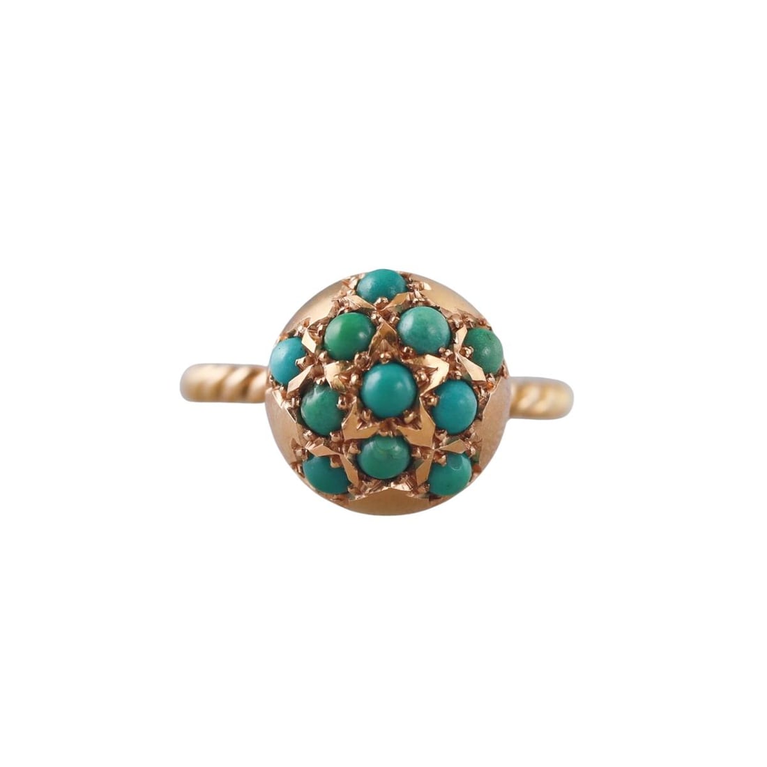 18k Gold Turquoise Ball Ring: Metal : 18k Yellow Gold Designer : Not Signed Gemstone : Turquoise Measurements : Ring size 6, top is 12.5mm. Marked: : Tested 18k. Weight: : 6.7 grams Condi