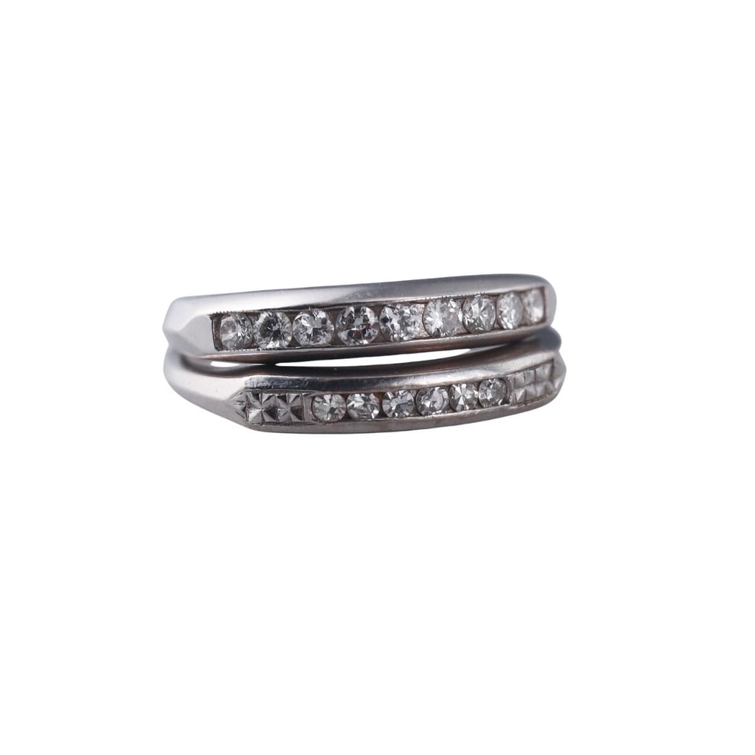 Mid Century 18k GOld Platinum Diamond Band Ring Lot of 2: Metal : 18k Gold /Platinum Designer : Not Signed Gemstone : Diamonds approx. 0.39ctw. Measurements : Ring sizes 7 and 8.25. Marked: : Platinum, 18k. Weight: : 6.5 grams