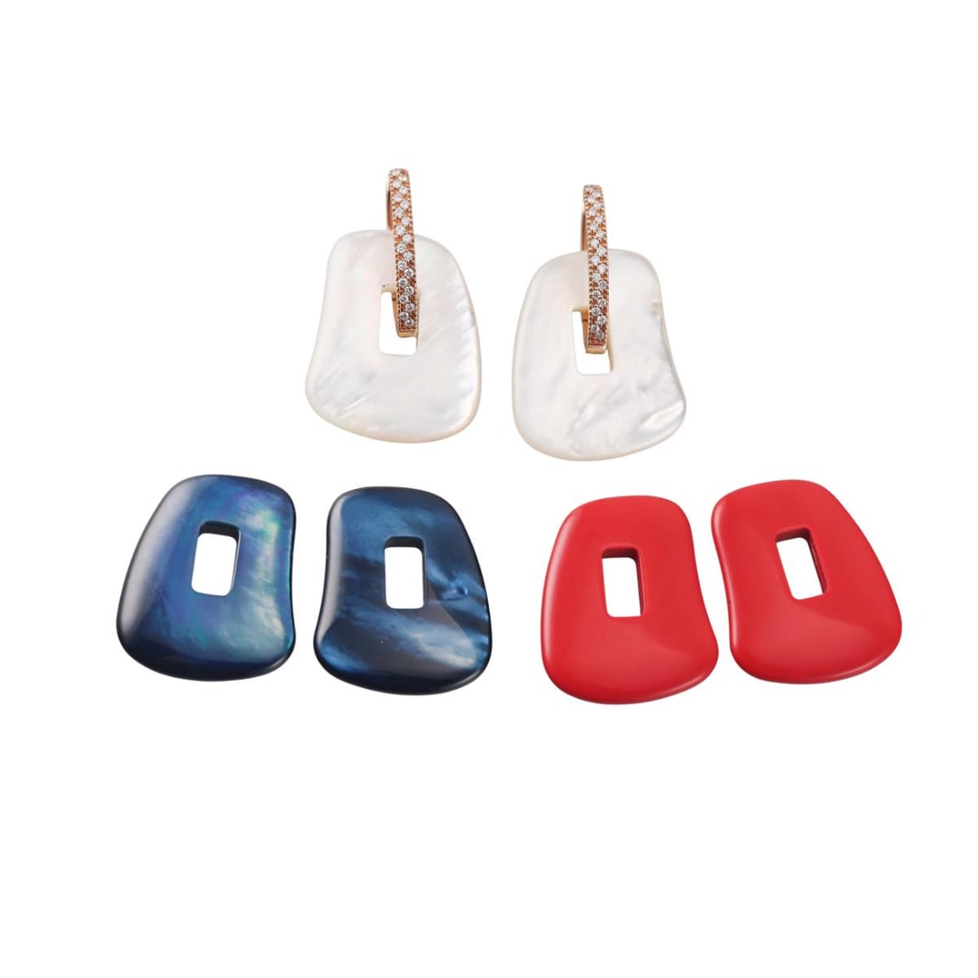 Mattioli Puzzle 18K Gold Diamond MOP Interchangeable Earrings: Metal : 18K Rose Gold Designer : Mattioli Gemstone : Mother of Pearl, Diamonds-approx. 0.40ctw (G/VS), Red resin Measurements : Earrings are 44mm long , large model Marked: : Mattioli,