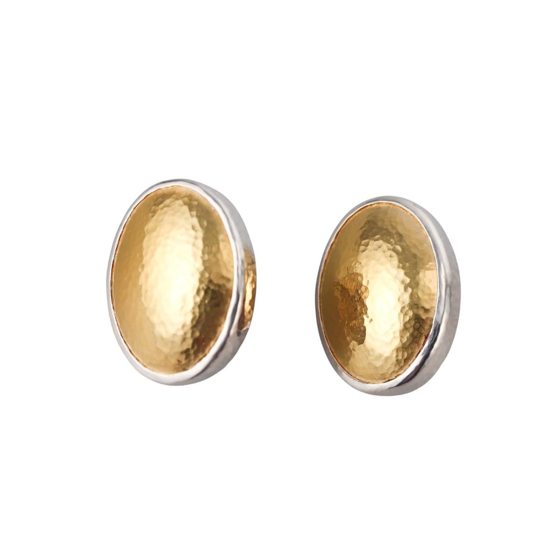 Gurhan Sterling Silver Hammered Oval Earrings: Metal : Sterling Silver / Gold Overlay Designer : Gurhan Gemstone : None Measurements : Earrings are 25mm x 19mm. Marked: : Gurhan 925. Weight: : 23.9 grams