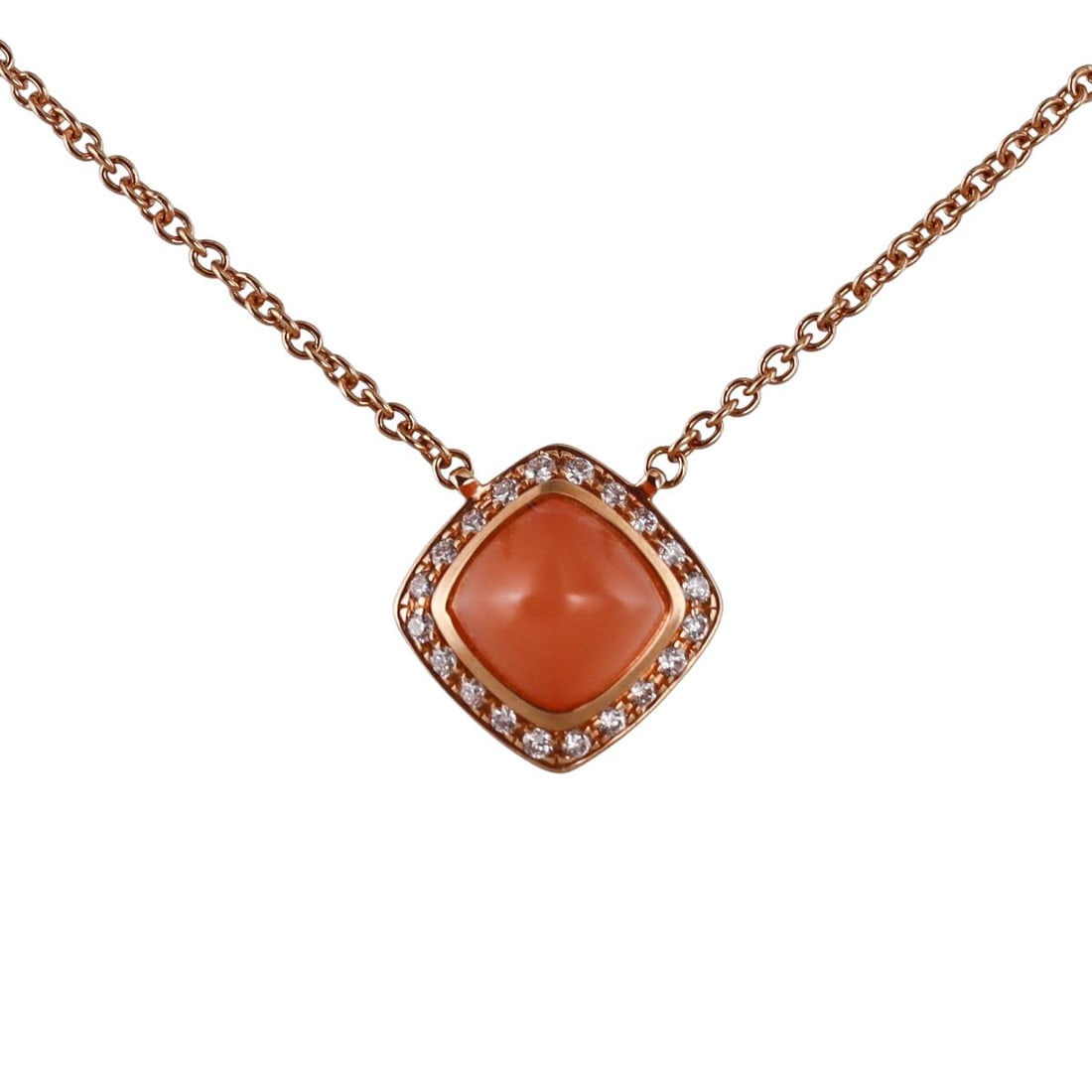 Fred Pain de Sucre 18K Gold Diamond Peach Moonstone Necklace: Metal : 18K Rose Gold Designer : Fred Gemstone : Diamonds-approx. 0.12ctw (F-G/VS), Peach Moonstone Measurements : Necklace is 16" long, pendant is 9.5mm x 9.5mm Marked: : Fred, Au750,