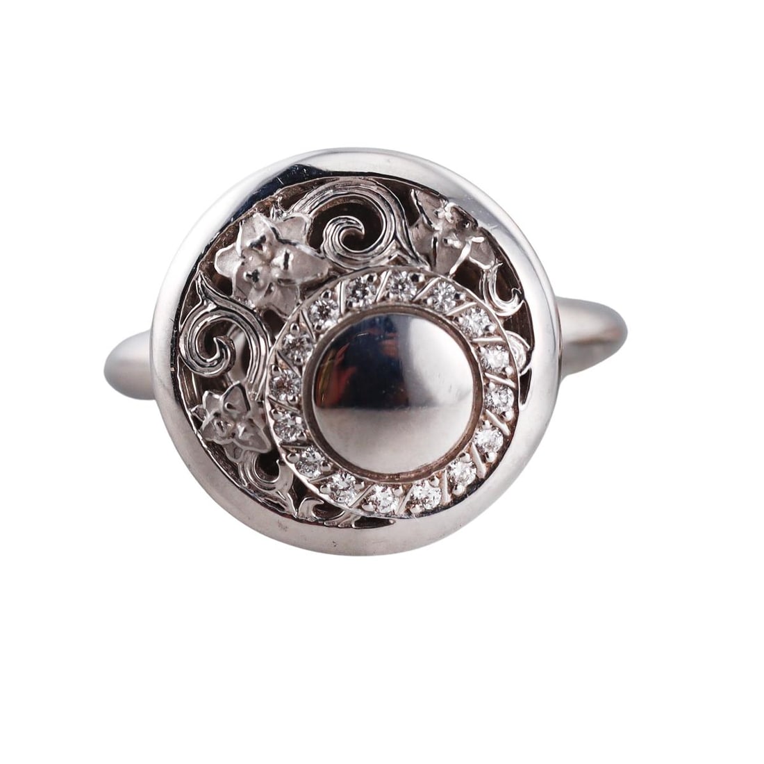Carrera Y Carrera Jasmin 18K Gold Diamond Ring: Metal : 18k White Gold Designer : Carrera Y Carrera Gemstone : Diamonds - approx. 0.12ctw (G/VS) Measurements : Ring Size 6.5. Top is 17mm in diameter Marked: : CyC, Serial Number, 750