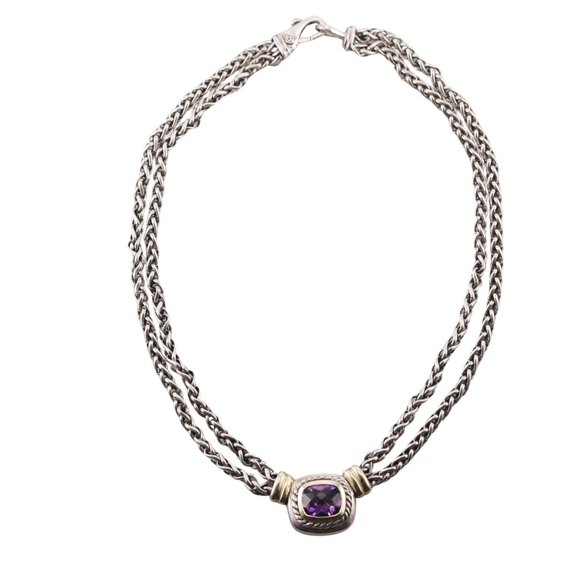 David Yurman 14K Gold Sterling Amethyst Wheaton Chain Pendant Necklace: Metal : Sterling Silver, 14K Yellow Gold Designer : David Yurman Gemstone : Amethyst Measurements : Necklace is 15.25" long. Pendant is 19mm wide. Marked: : D.Y., 925, 585 W