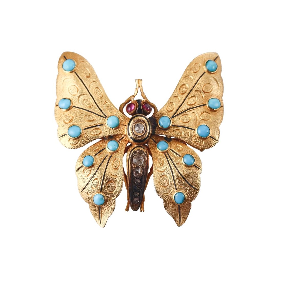 Antique 18k Gold Turquoise Diamond Ruby Butterfly Brooch Pin: Metal : 18k Yellow Gold Designer : Not Signed Gemstone : Diamonds, Ruby, Turquoise Measurements : Brooch is 43mm x 40mm. Marked: : Tested 18k. Weight: : 13.5 grams <