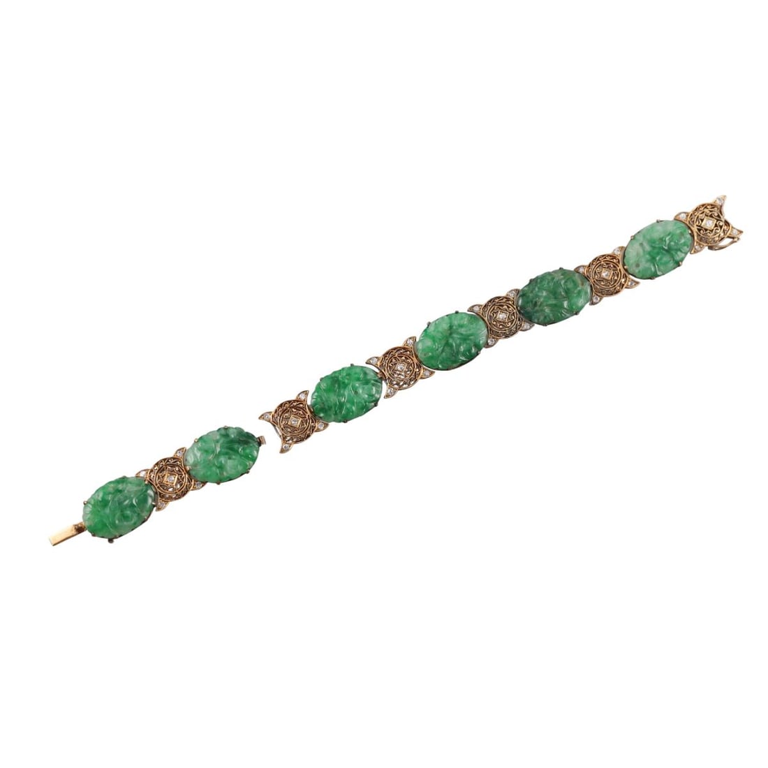 Art Deco 14k Gold Carved Jade Diamond Bracelet: Metal : 14k Yellow Gold Designer : Not Signed Gemstone : Carved Jade, Diamonds approx. 0.30ctw. Measurements : Bracelet is 7" long. Two links detached, needs repair. Marked: : Test