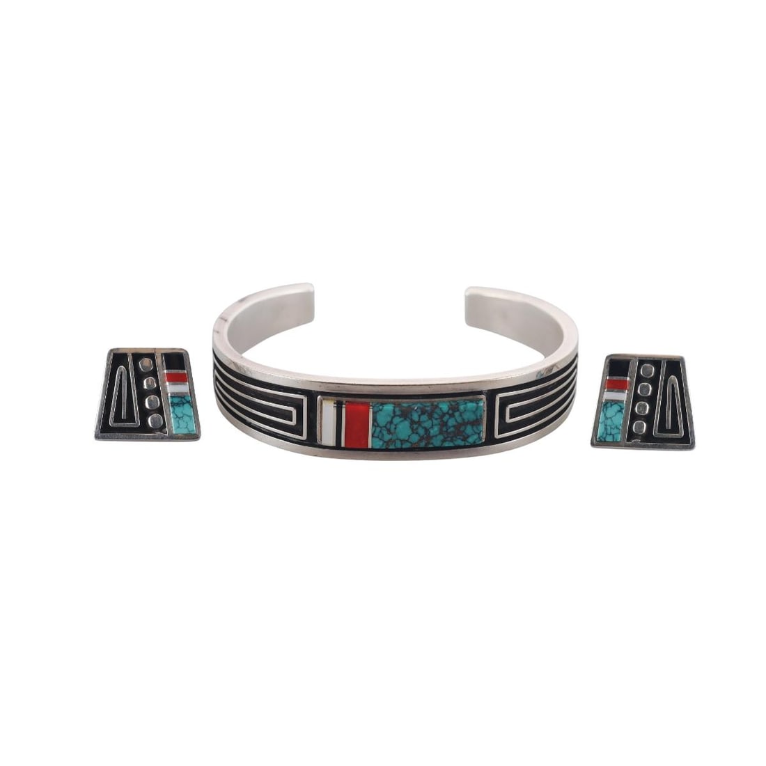 Albert Nells Navajo Native American Gemstone Silver Earrings Bracelet Lot: Metal : Sterling Silver Designer : Albert Nells Gemstone : MOP, Coral Turquoise. Measurements : Bracelet will fit approx. 6.5" wrist and is 14.5mm wide, Earrings are 16 x 18mm, missing backs.