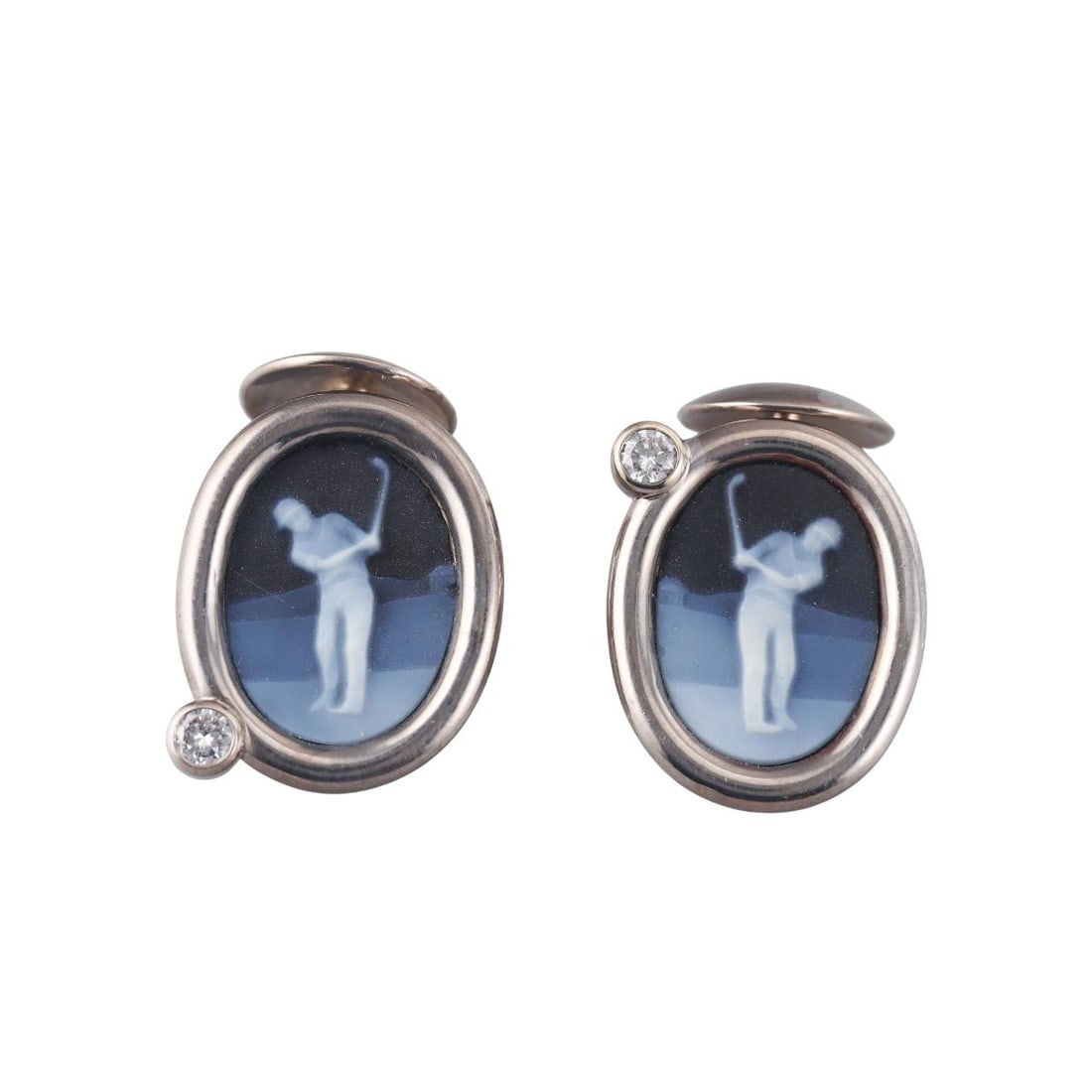 18k Gold Agate Cameo Diamond Golfer Cufflinks: Metal : 18k White Gold Designer : Not Signed Gemstone : Diamonds approx. 0.18ctw, Agate Measurements : Cufflink top is 21mm x 17mm. Marked: : 18k, M. Weight: : 17.3 gra