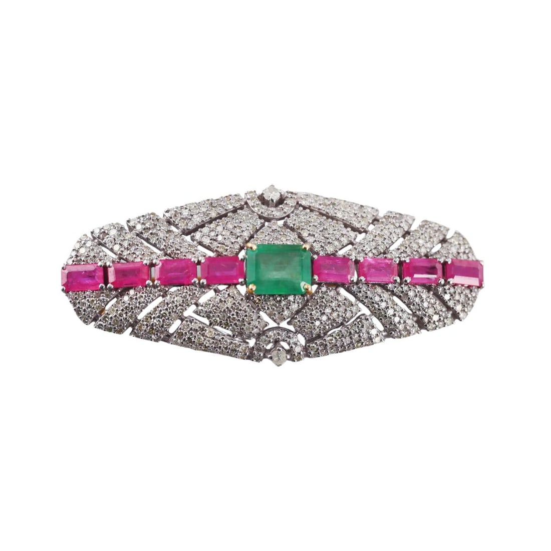 14k Gold Silver 1.43ct Emerald Diamond Ruby Brooch Pin: Metal : 14k Gold / Sterling Silver Designer : Not Signed Gemstone : Emerald 1.43ct, Rubies 2.79ctw, Diamonds. Measurements : Brooch is 52mm x 23mm. Marked: : Tested silver 14k.