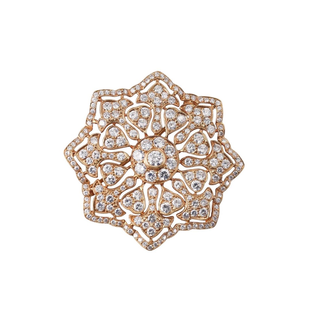 18k Gold Diamond Brooch Pin: Metal : 18k Yellow Gold Designer : Not Signed Gemstone : Diamonds approx. 4.20ctw Measurements : Brooch is 42 x 42mm. Marked: : 18k 750. Weight: : 7.4 grams