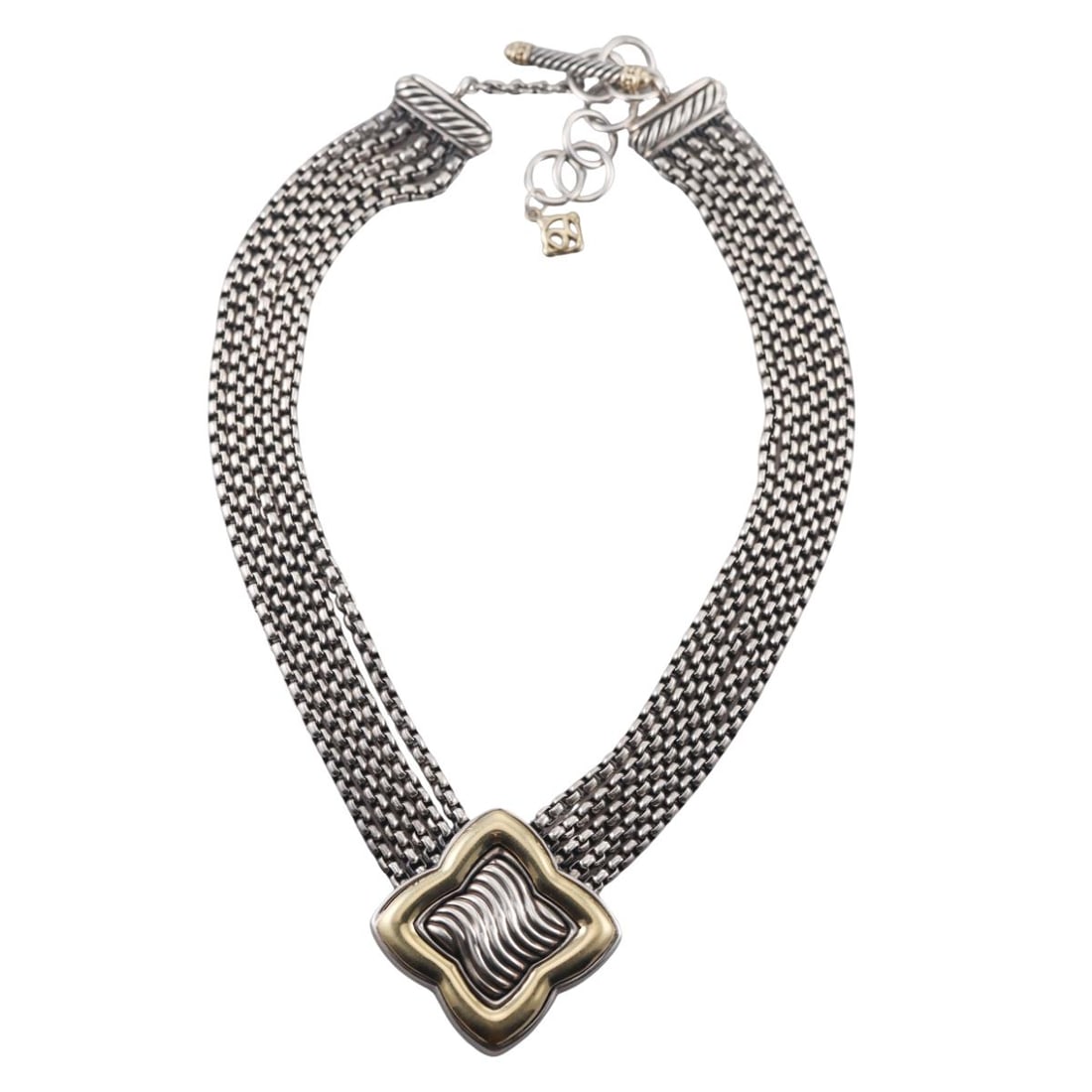 David Yurman Quatrefoil 18K Gold Sterling Multi Strand Pendant Large Necklace: Metal : 18K Yellow Gold, Sterling Silver Designer : David Yurman Gemstone : None Measurements : Necklace is 17.5" long ( max. with extender). Pendant is 43mm. Marked: : D.Y., 750, 925